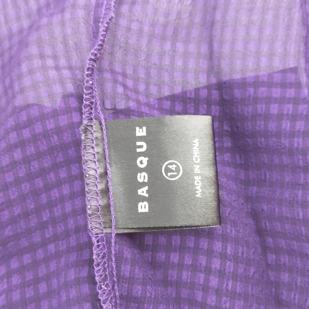 Basque Blouse Size 14 Purple Sheer Ruffle Short Sleeve Button-up Check Elastic - Picture 12 of 13